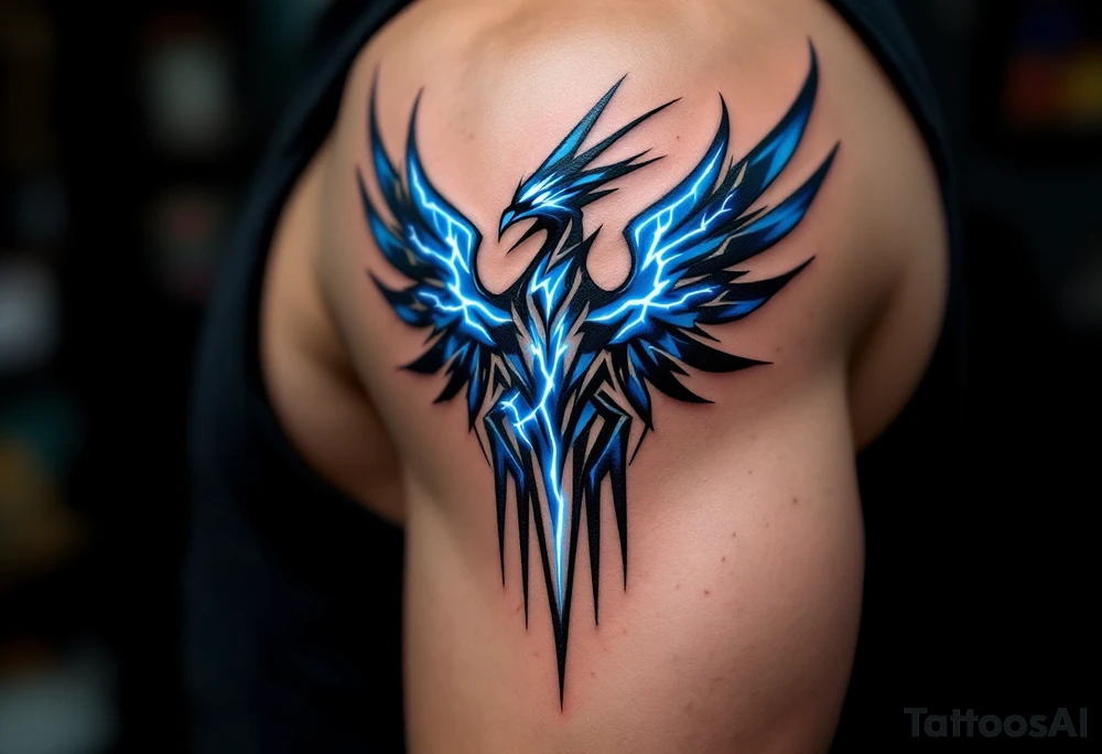 A blue and white thunderbird with lightning motifs and angular tribal lines. tattoo idea