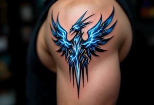 A blue and white thunderbird with lightning motifs and angular tribal lines. tattoo idea
