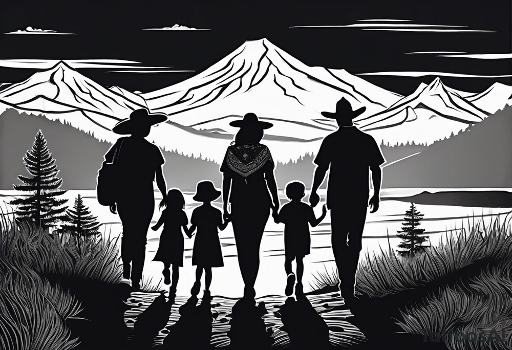 A shadow of a family of four walking through the Pacific northwest landscape. Father, Wife, Son, daughter.
 Faith centered and add Mexican culture .  Add border with importance of faith tattoo idea