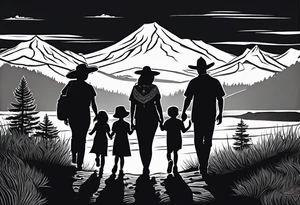 A shadow of a family of four walking through the Pacific northwest landscape. Father, Wife, Son, daughter.
 Faith centered and add Mexican culture .  Add border with importance of faith tattoo idea
