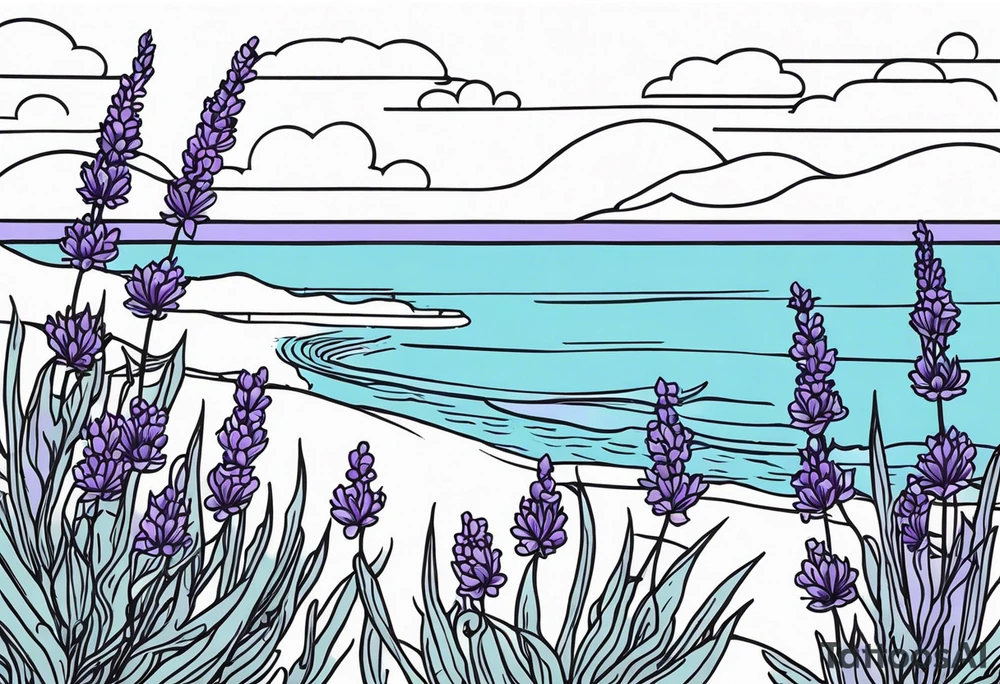 lavender flowers, ocean and sky in the background. tattoo idea