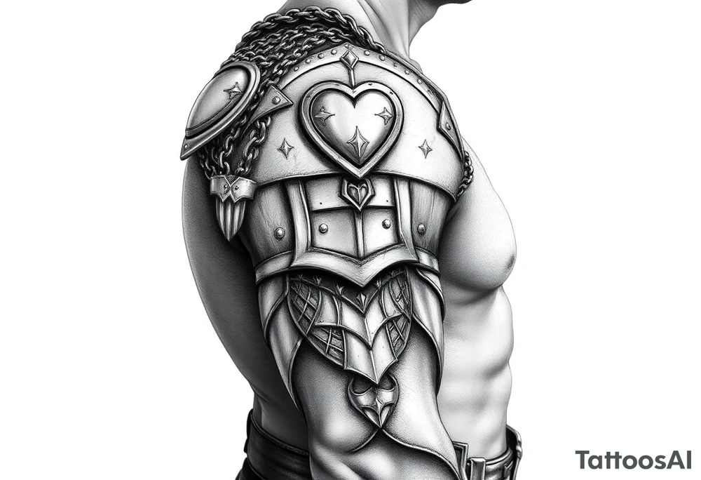 Layered chainmail and plate armor from top of trapezius to below elbow with an intricate plate armor piece with a heart on shoulder tattoo idea