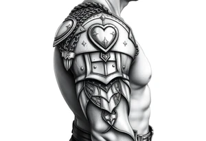 Layered chainmail and plate armor from top of trapezius to below elbow with an intricate plate armor piece with a heart on shoulder tattoo idea