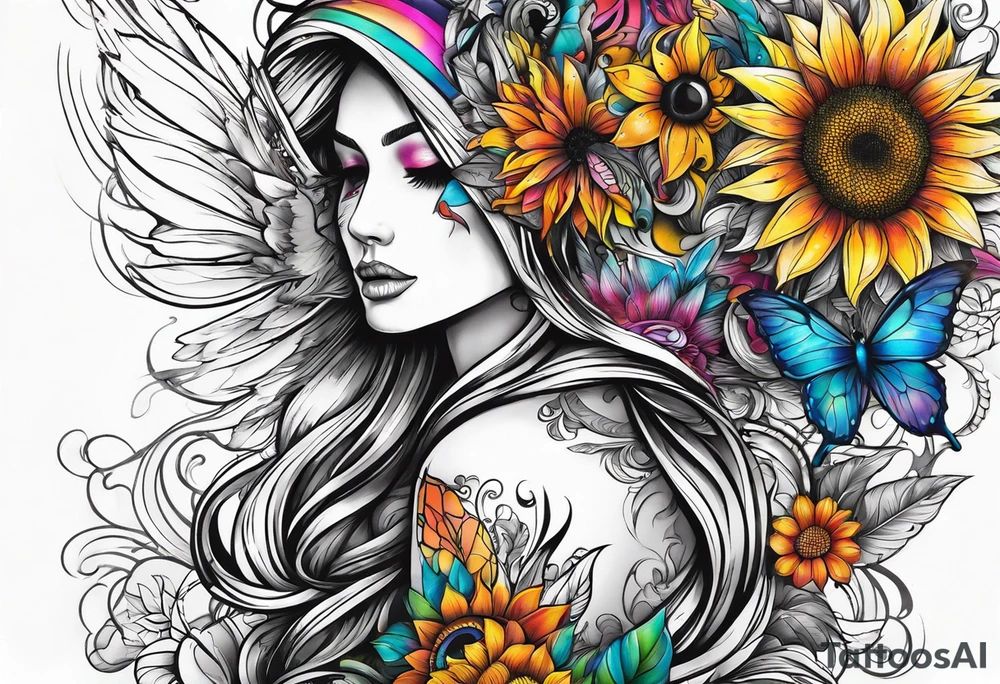 arm sleeve with winged cross, rainbow sunflowers and butterflies tattoo idea