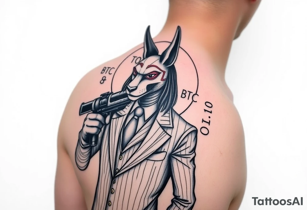 "Anubis in a 1920s gangster pinstripe suit, holding a tommy gun. His jackal head is half-cyborg (exposed circuits). Hieroglyph background spells 'BTC TO THE MOON'.  

Style: Art Deco meets cyber-Egyptian. Black/red/gold ink. Forearm sleeve." tattoo idea
