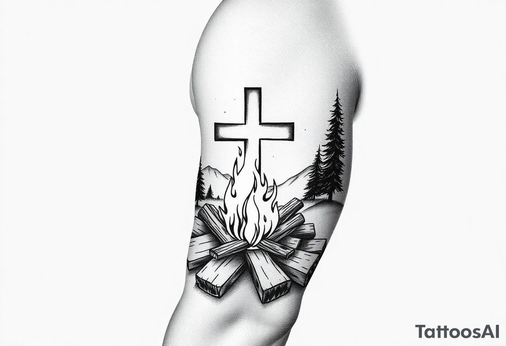 Campfire with cross include the great outdoors and night sky make sure cross doesn't look like it is on fire tattoo idea