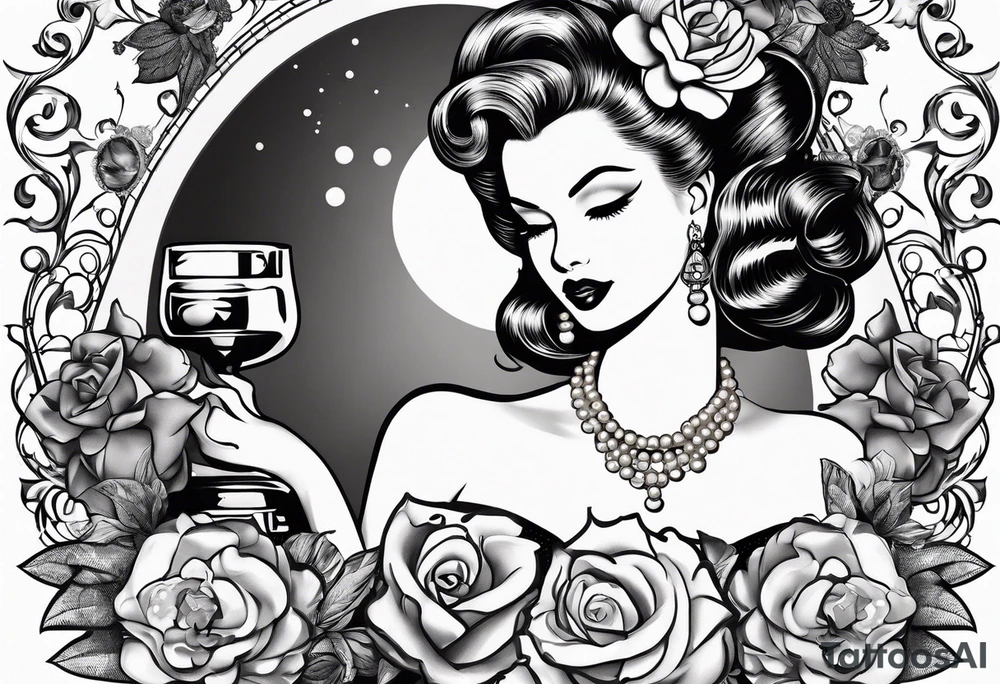 1950s pinup pumps and perfume bottle with hair bows, flowers, pearls, and lace tattoo idea