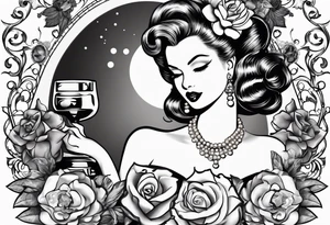 1950s pinup pumps and perfume bottle with hair bows, flowers, pearls, and lace tattoo idea