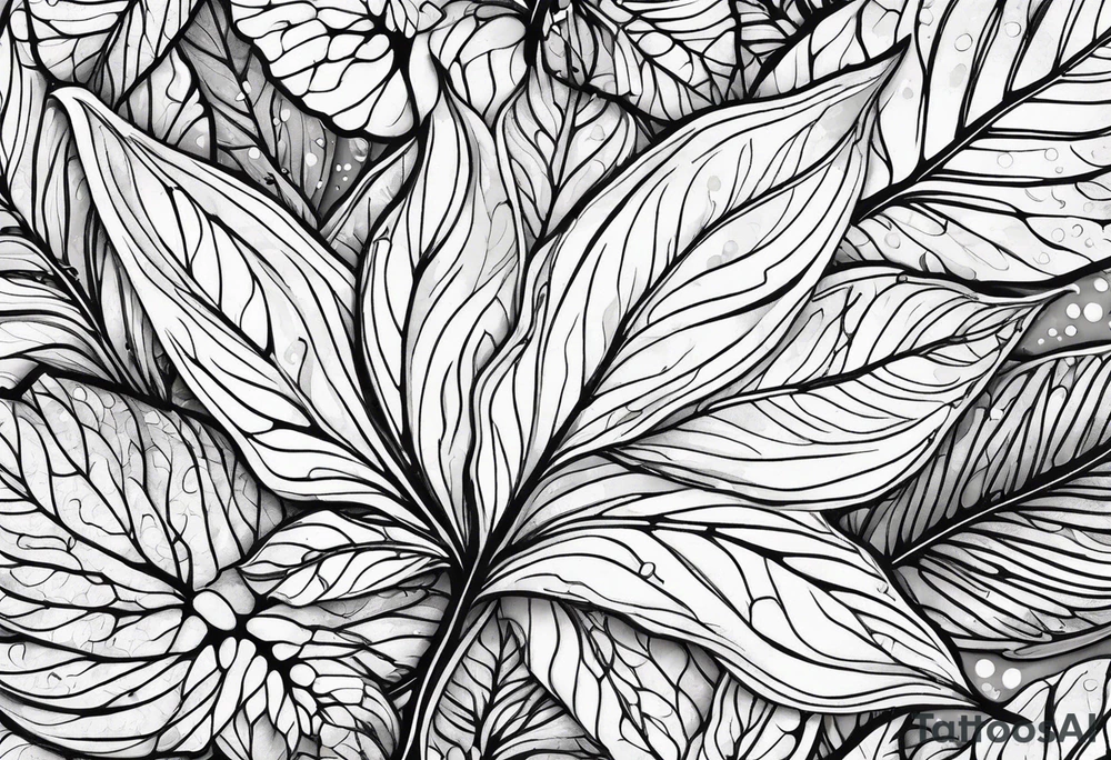 leaves with flow and stippling dots, white background tattoo idea