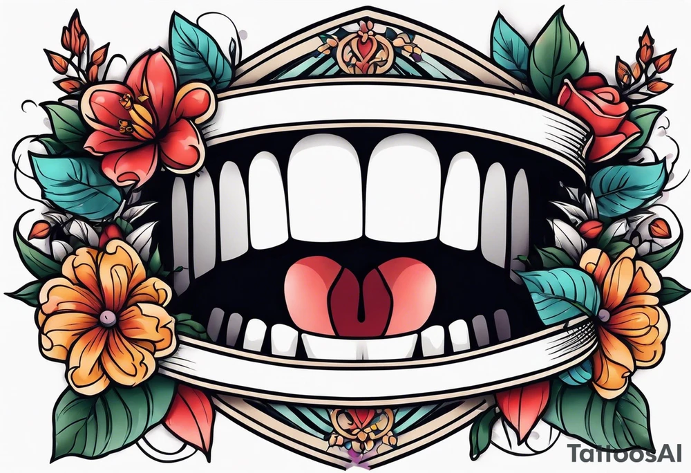 traditional vintage tattoo of mouth singing in microphone simple  flowers and banner
no face tattoo idea