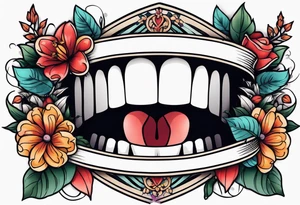 traditional vintage tattoo of mouth singing in microphone simple  flowers and banner
no face tattoo idea