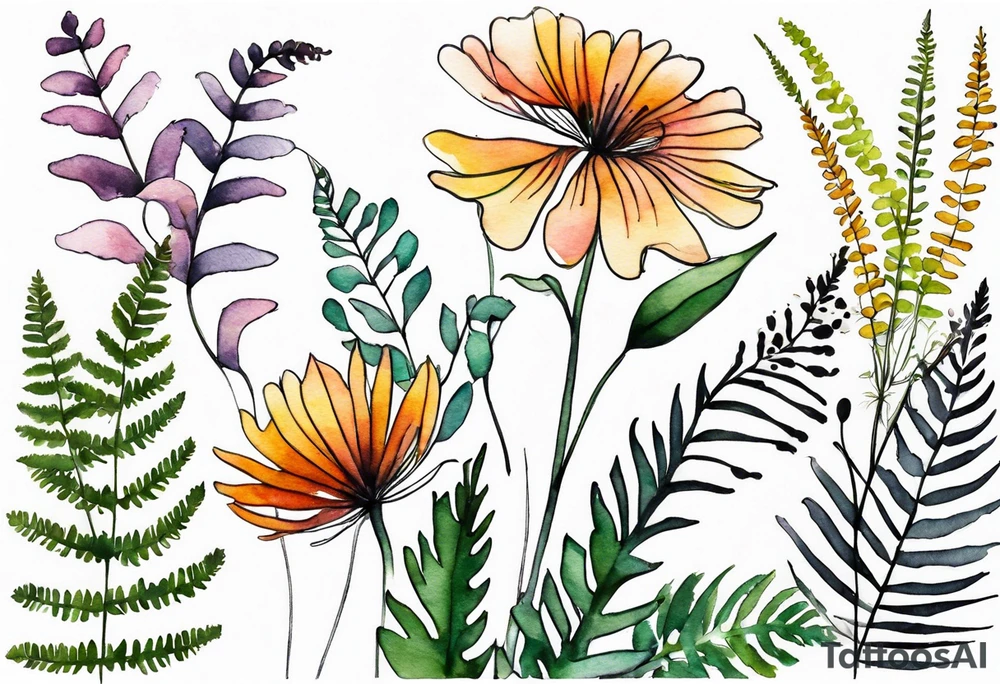 wild flowers long stems bouquet with ferns all watercolor tattoo idea