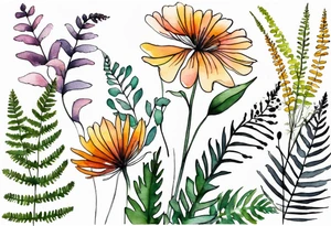 wild flowers long stems bouquet with ferns all watercolor tattoo idea