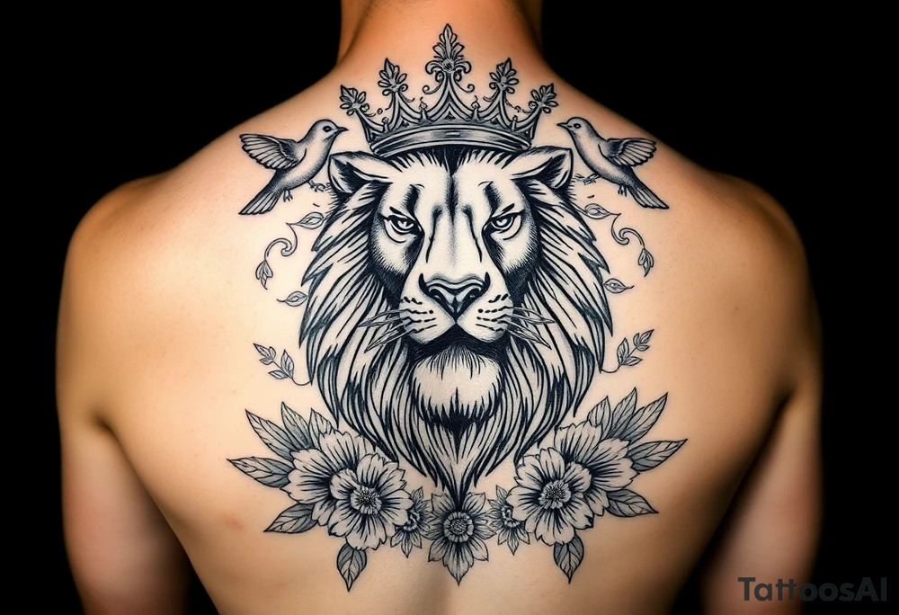 powerful majestic lion with a crown, surrounded by floral ornaments and birds tattoo idea