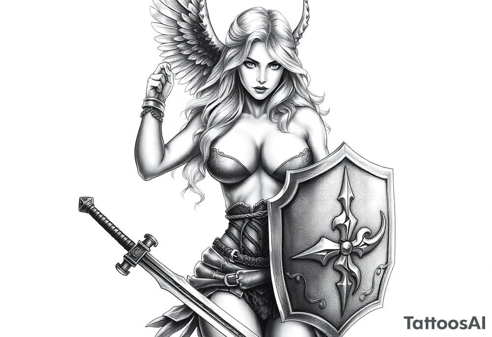 blonde valkyrie with sword and shield -- location calf -- image should show entire body of the valkyrie -- she should have large breasts and beautiful yet tough -- hyper realistic tattoo idea