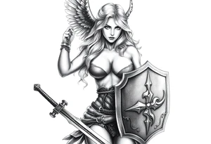 blonde valkyrie with sword and shield -- location calf -- image should show entire body of the valkyrie -- she should have large breasts and beautiful yet tough -- hyper realistic tattoo idea