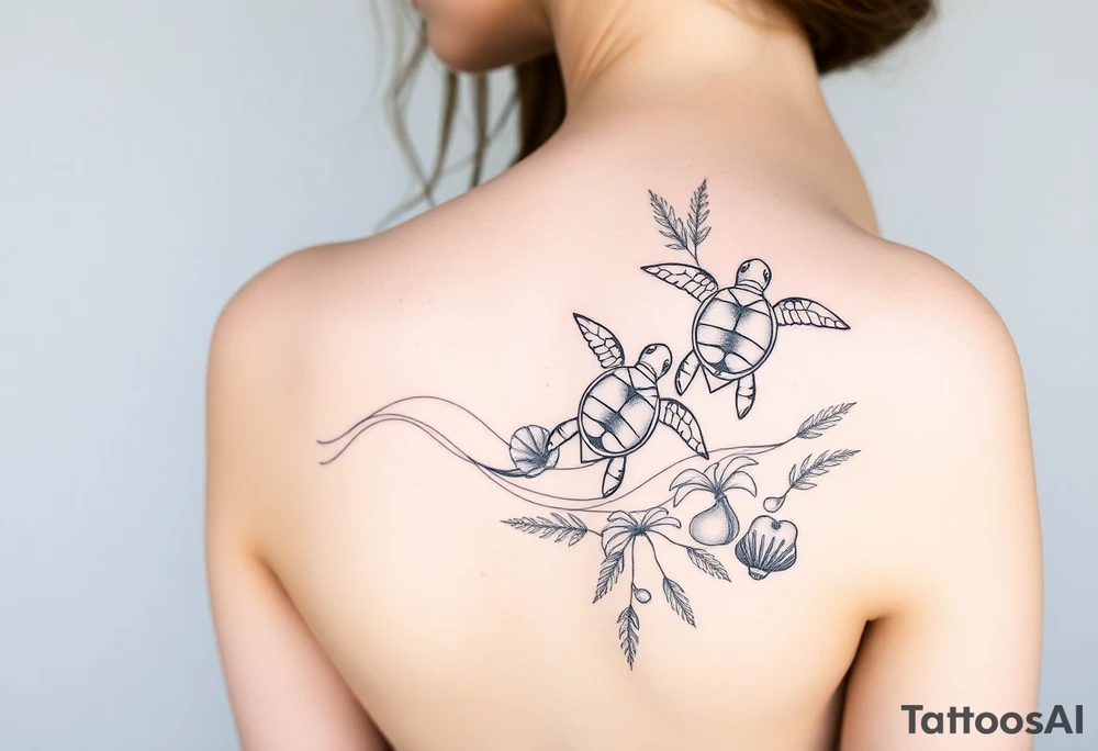 A delicate tattoo design inspired by the fine-line style of @aestet.ink, tailored for a female figure. The design flows from the base of the neck, over the shoulder, and wraps around the upper arm, with two turtles placed prominently on the upper arm. The composition emphasizes a minimalist beach theme, featuring soft, flowing wave patterns, palm leaves, and seashells. Hidden within the design are personal symbols: a TTR50 Yamaha motorbike, initials 'C' and 'K', a moon and sun, a small monster truck, a kangaroo paw (for Mum), a small packet of lollies (for Dad), a Holden Kingswood with single round headlights, and three similar shells representing brothers, one shell a different shade representing my brother that passed away, two other shells that are similar representing my sisters. The tattoo has crisp, fine lines, subtle shading, and intricate details, blending natural flow with spiritual symbolism. Displayed on a female figure for accurate placement. HD quality, natural look --ar 1024:1792 tattoo idea
