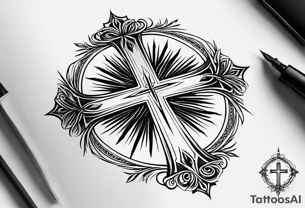 Tattoo: A refined cross with a soft halo on top of it, symbolizing light and spirituality. Delicate rays extend outward from the halo, adding a subtle glow and depth. The cross itself is simple and elegant, with potential for small, intricate line details within the design. tattoo idea