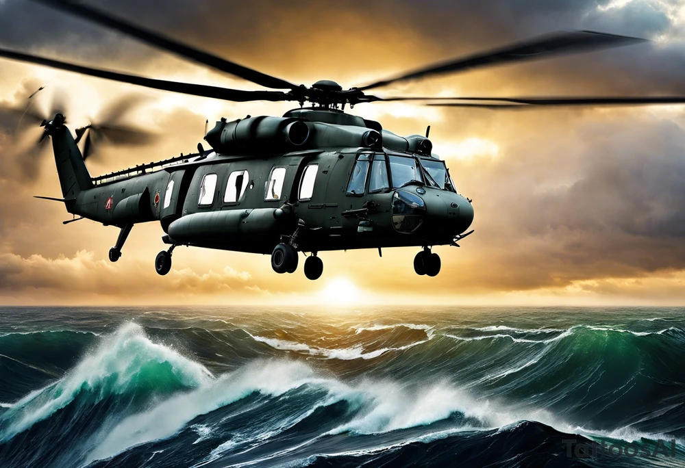 A cinematic-style tattoo depicting a Canadian military CH-148 Cyclone helicopter performing a daring maneuver over a turbulent ocean. The sky should be filled with dramatic clouds, and the sun should be setting, casting long shadows. The helicopter should be the main focus, with intricate details and a sense of motion. In the background, a poppy should be prominently displayed, and a quote from 'Lest We Forget' should be included, black and white tattoo idea