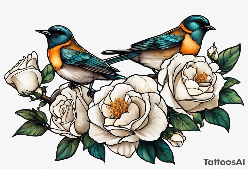 Two birds sitting on a stem of White roses, on bird is about to land next to them on the stem. tattoo idea