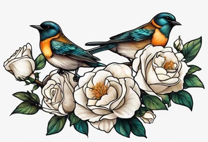 Two birds sitting on a stem of White roses, on bird is about to land next to them on the stem. tattoo idea