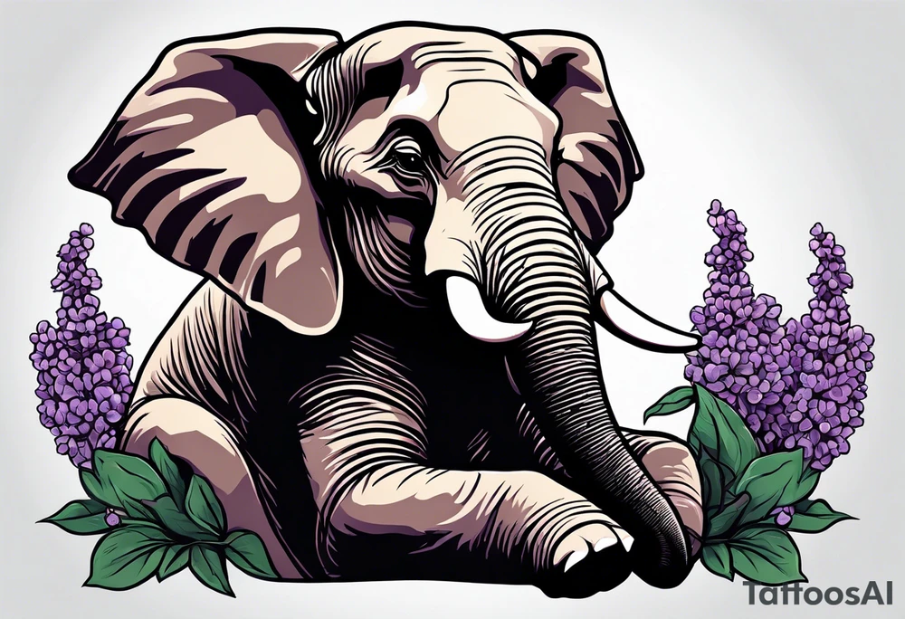 Seated elephant with raised trunk holding lilacs tattoo idea
