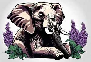 Seated elephant with raised trunk holding lilacs tattoo idea