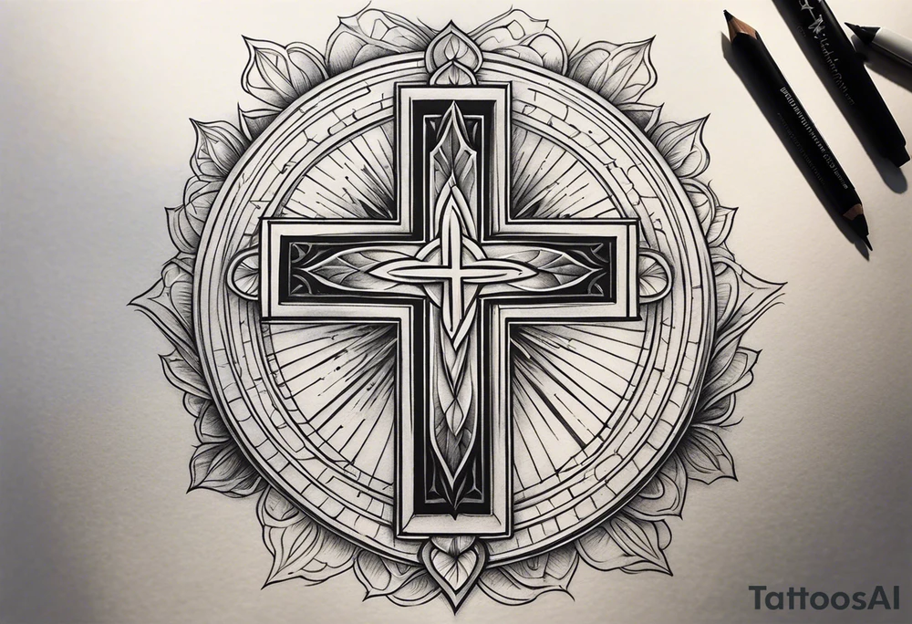 Micro realistic Tattoo: A refined cross with a soft halo surrounding it, symbolizing light and spirituality. Delicate rays extend outward from the halo, adding a subtle glow and depth. The cross itself is simple and elegant, with potential for small, intricate line details within the design. Style: Micro realism tattoo idea