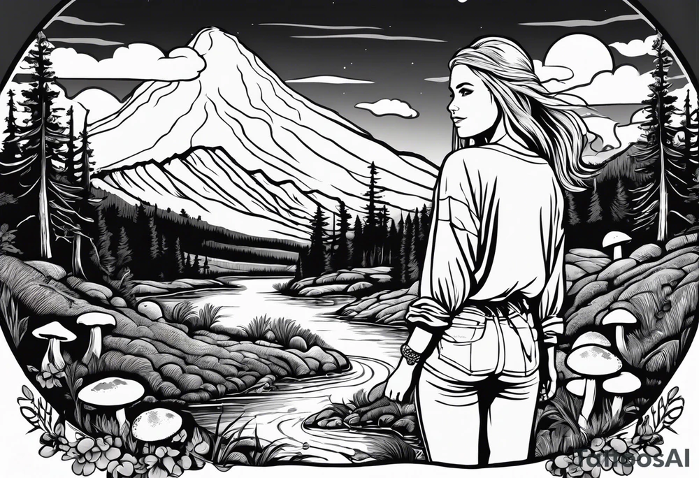 Whole picture encircled fully

Straight long blonde hair hippie girl in distance holding mushrooms in hand facing away toward mountains and creek surrounded by mushrooms long sleeve shirt and hiking pants; whole rendering within a full circle, no cut off circle tattoo idea