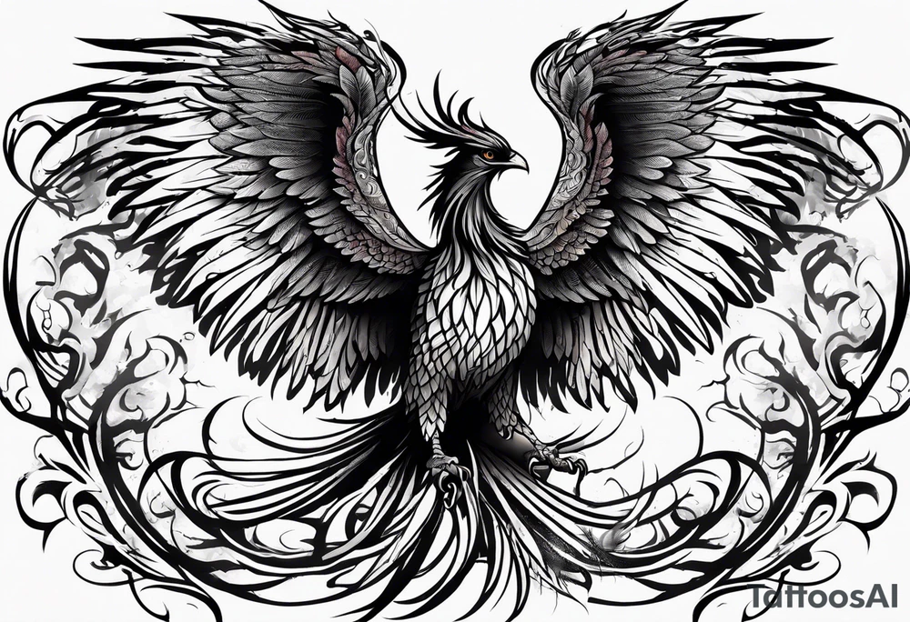 Powerful phoenix rising from the ashes of hell being its past of sin and addiction, being reborn. tattoo idea