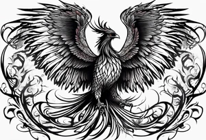 Powerful phoenix rising from the ashes of hell being its past of sin and addiction, being reborn. tattoo idea