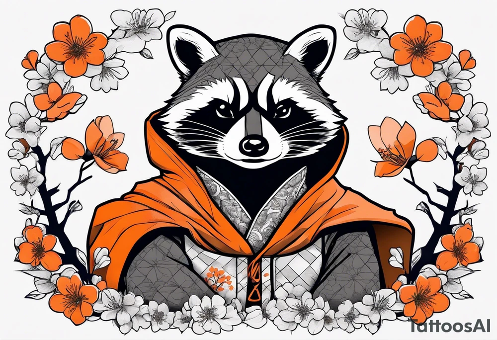 raccoon wearing a black and white Superman hoodie and orange Japanese cherry blossoms tattoo idea