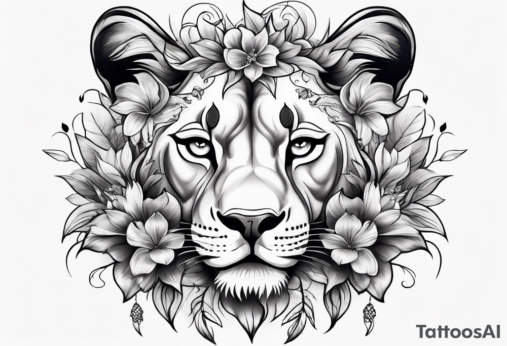 Lioness covered in feathers lilies and butterflies tattoo idea