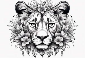 Lioness covered in feathers lilies and butterflies tattoo idea