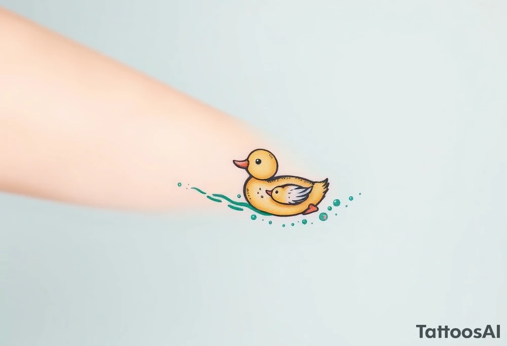 A mother and baby duck swimming together, leaving trails of tiny bubbles, in sea-green and sandy beige tones, representing lifelong guidance and patience tattoo idea