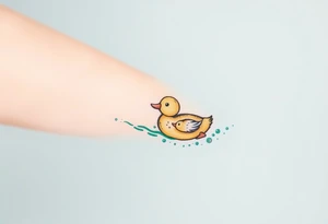 A mother and baby duck swimming together, leaving trails of tiny bubbles, in sea-green and sandy beige tones, representing lifelong guidance and patience tattoo idea