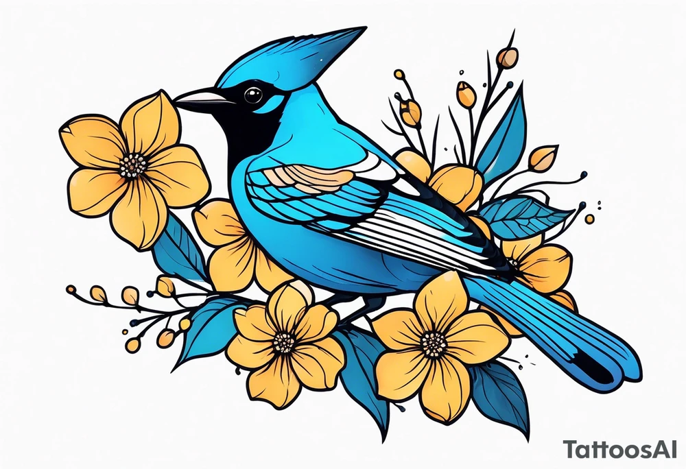 Stellar’s Jay bird with flowers tattoo idea