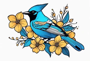 Stellar’s Jay bird with flowers tattoo idea