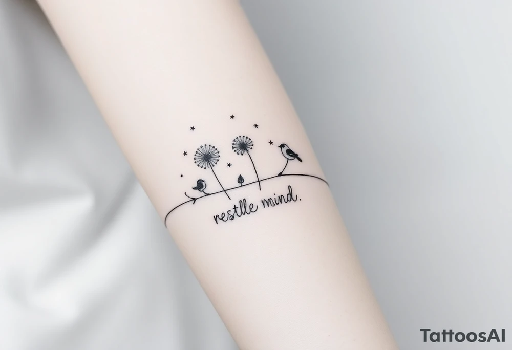 Double Black armband line around the forearm with wildflower dandelions in the middle with birds flying off and dopamine symbol coming off the stem. The words: Restless Mind, Wild Soul, Soft Heart tattoo idea