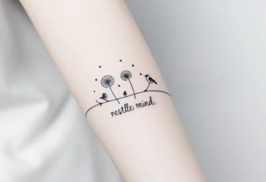 Double Black armband line around the forearm with wildflower dandelions in the middle with birds flying off and dopamine symbol coming off the stem. The words: Restless Mind, Wild Soul, Soft Heart tattoo idea