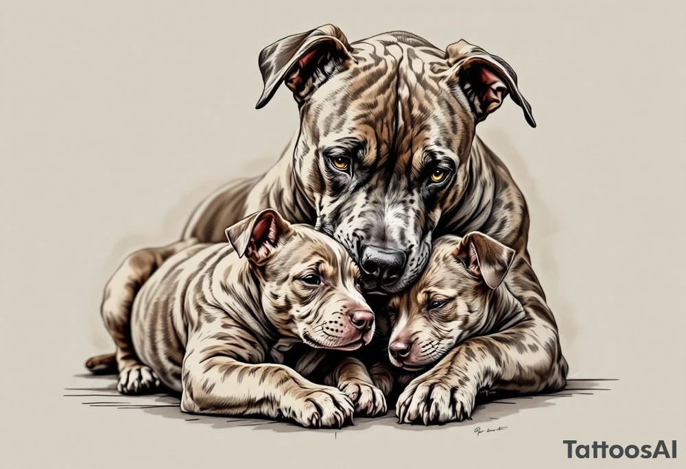 Pitbull mom and pup cuddling, warm brown tones with soft blending, delicate linework around eyes and noses for emotion. tattoo idea
