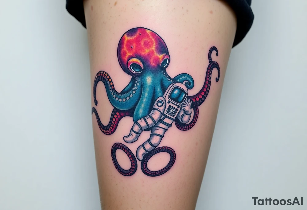 Kraken octopus grabbing a astronaut in a Outer space back ground tattoo idea