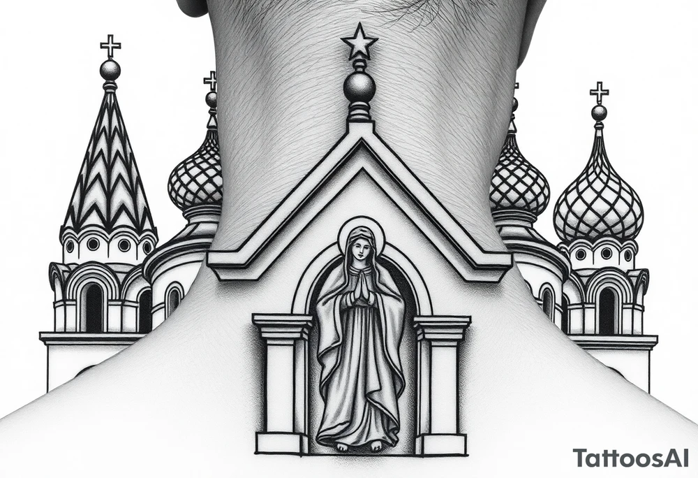 Flowing Scene

A onion domes orthodox church
Virgin Mary in prayer pose on the front doors of the russian orthodox church 
A small double headed russian coat of arms eagle or just the star tucked above the dome near the hairline tattoo idea