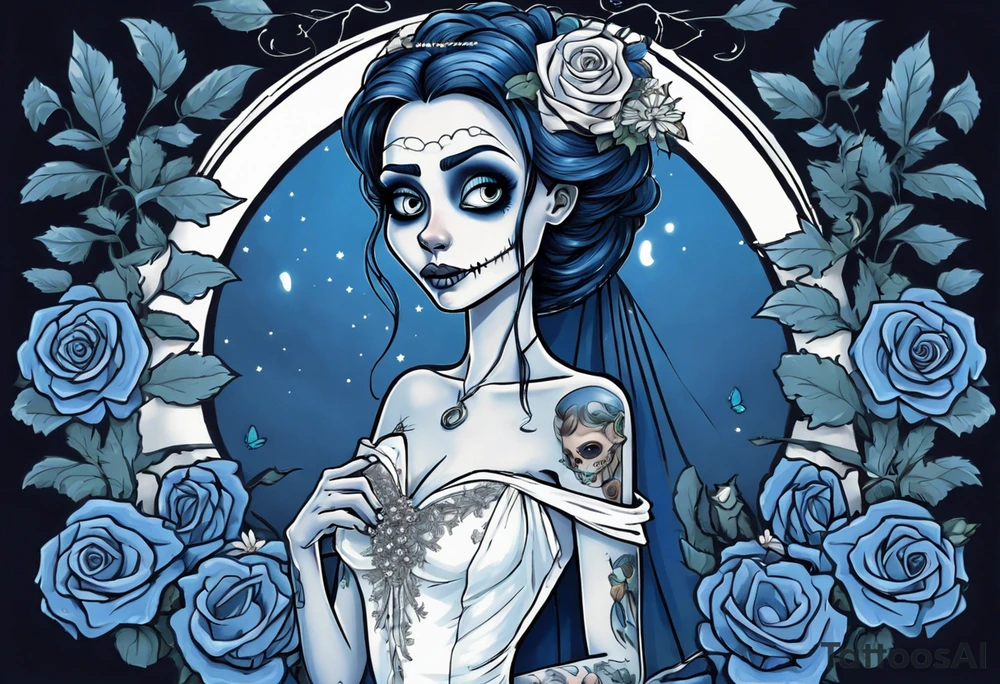 corpse bride Emily wearing a wedding dress. the vail on her head. she is holding a bouquet of blue roses in the middle of the bouquet  there is one white daisy. there is one blue butterfly flying around her. A full moon on the background. tattoo idea