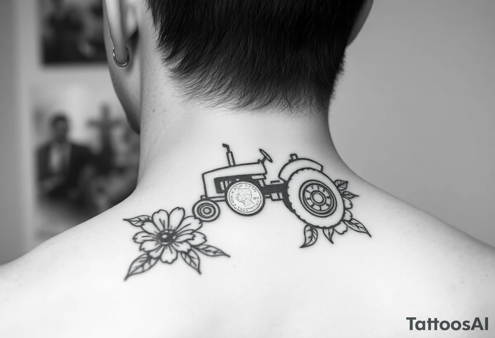 Dainty behind the ear tractor tattoo surrounded with flowers about the size of a quarter tattoo idea