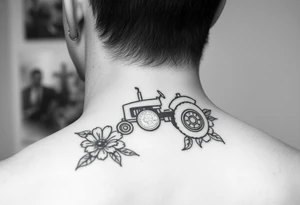 Dainty behind the ear tractor tattoo surrounded with flowers about the size of a quarter tattoo idea