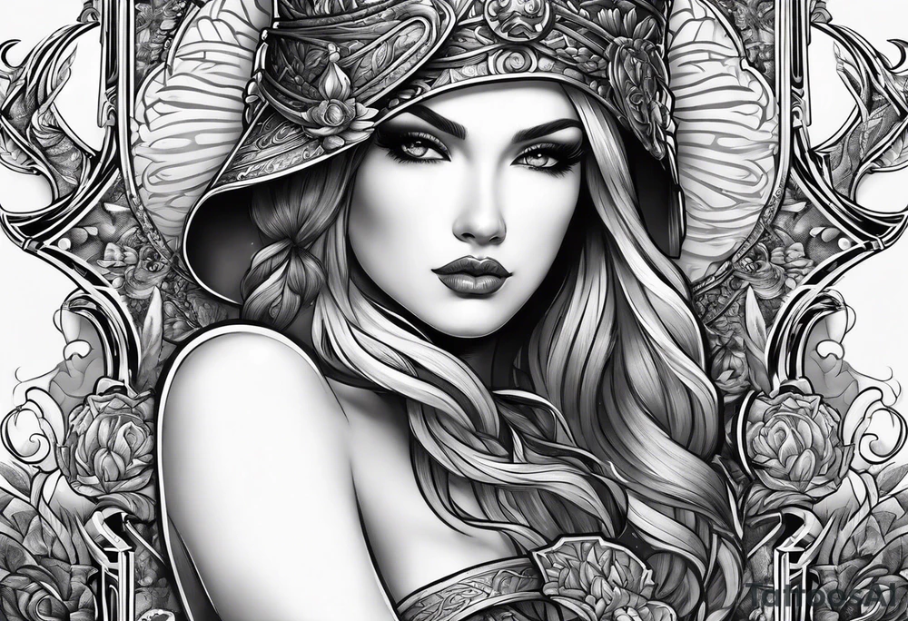 with lady juctice emblem a sword and a scale tattoo idea