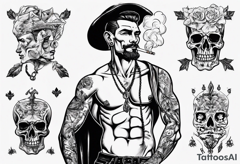 One handsome man with bare torso, full-length, no hat, earrings in his ears stands smoking a cigarette tattoo idea