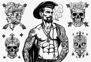 One handsome man with bare torso, full-length, no hat, earrings in his ears stands smoking a cigarette tattoo idea