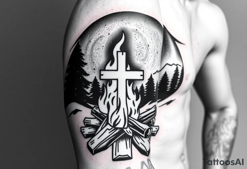 Campfire with cross hidden well in the flames include the great outdoors and night sky make sure cross doesn't look like it is on fire tattoo idea